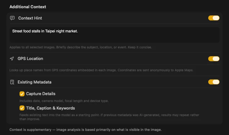 VisionTagger Additional Context panel showing context sources