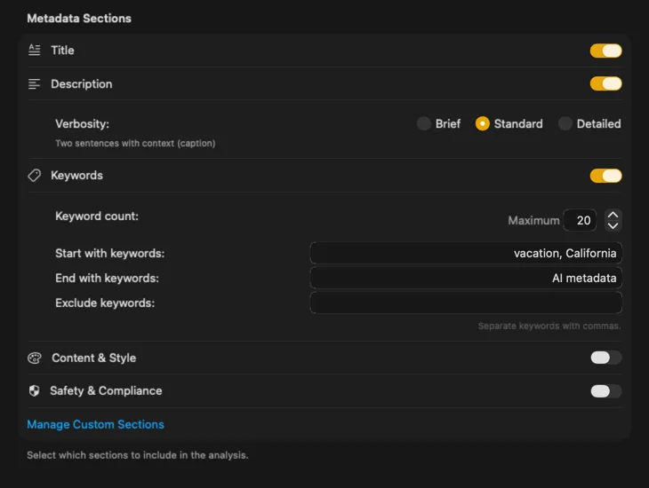 VisionTagger content configuration showing customizable metadata sections and fields