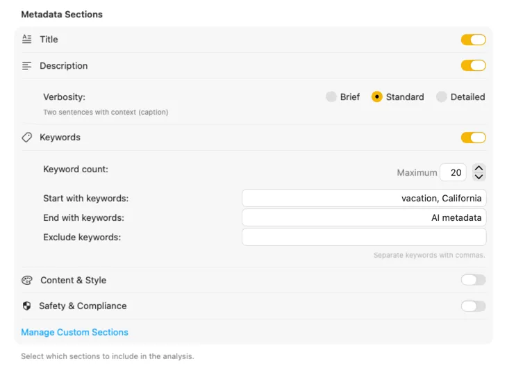 VisionTagger content configuration showing customizable metadata sections and fields