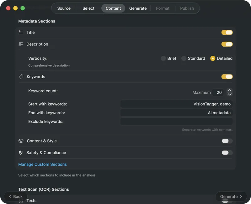 Configure metadata content