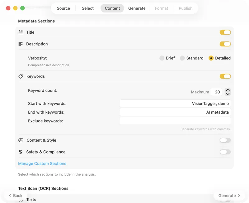 Configure metadata content